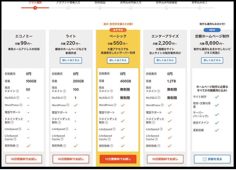 ロリポップサーバー ロリポップサーバーの申し込み手順　 プランを選択しているところのの画面