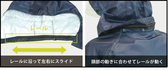 首が回るレインコート - おすすめポイント01で自転車で運転中に安全確認する際には、フードのツッパリ感が解消されてストレスなく安全に左右確認するこができますの画像
